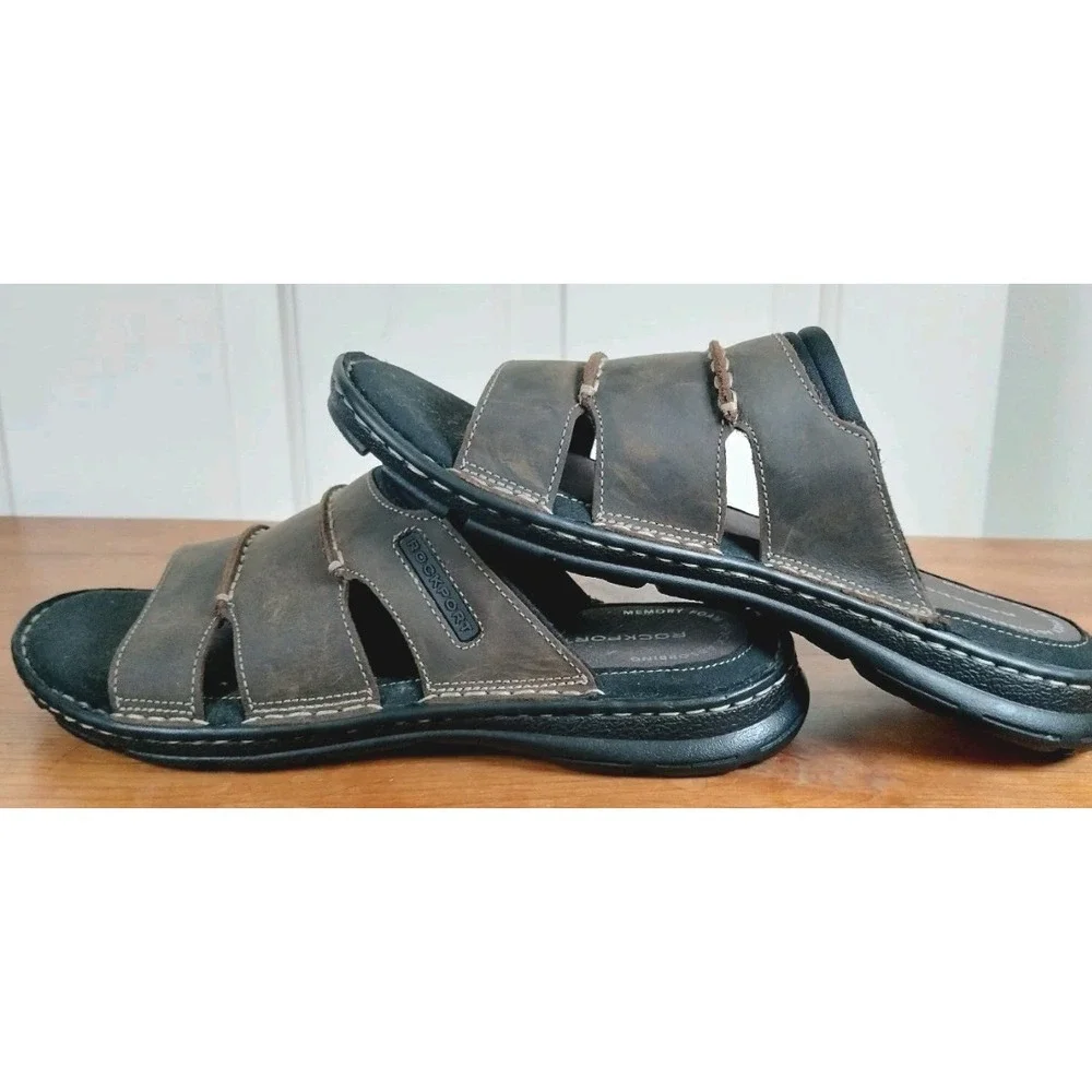 Rockport Darwyn Men's Leather‎ Slide Sandals Size 9 NWOB Brown truTECH Comfort